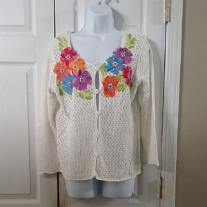 Sigrid Olsen Sport white  linen blend sweater floral accents Sz L NWOT